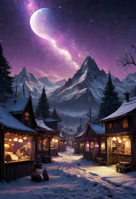 score_9, score_8_up, score_7_up, retro marketplace, celestialpunkai, extremely detailed, the horror of stars, snowy mountains, riverside village,  masterpiece, realistic, best quality, cosmic horror, Style-Volumetric, bright horror, s0lar, purple glow,