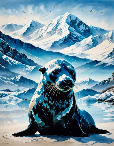 Seal Portrait, Seal photo, At the beach winter, mountains and clear skies, 8K,<lora:SDXLStencilStyleFAE:1> stencil style, double exposure