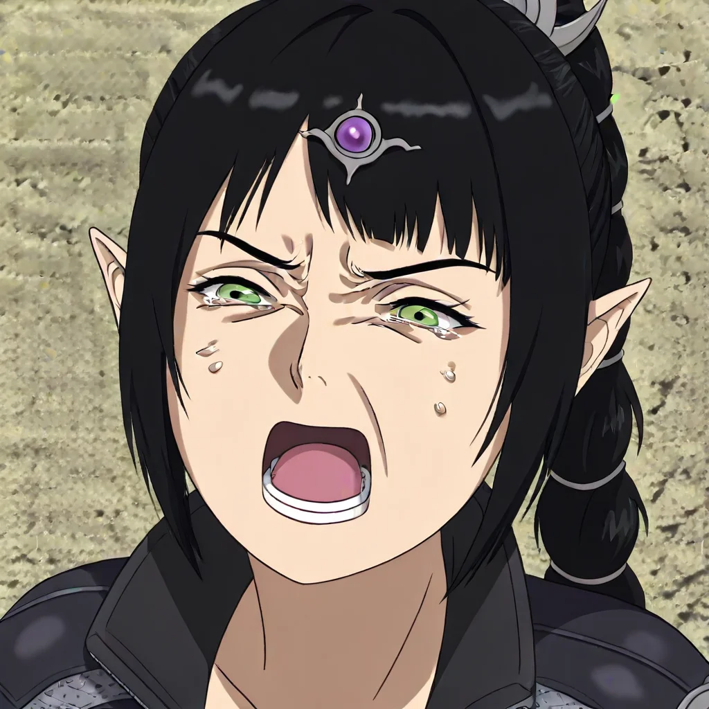 masterpiece, best quality, newest, absurdres, highres, vintage anime, 90s anime, 1girl, shadowheart \(baldur's gate\), long braid, elf, pointy ears, black hair, braid, side bangs, BCV1.0, crying, cry, crying with yes open, open mouth, parody, meme,
