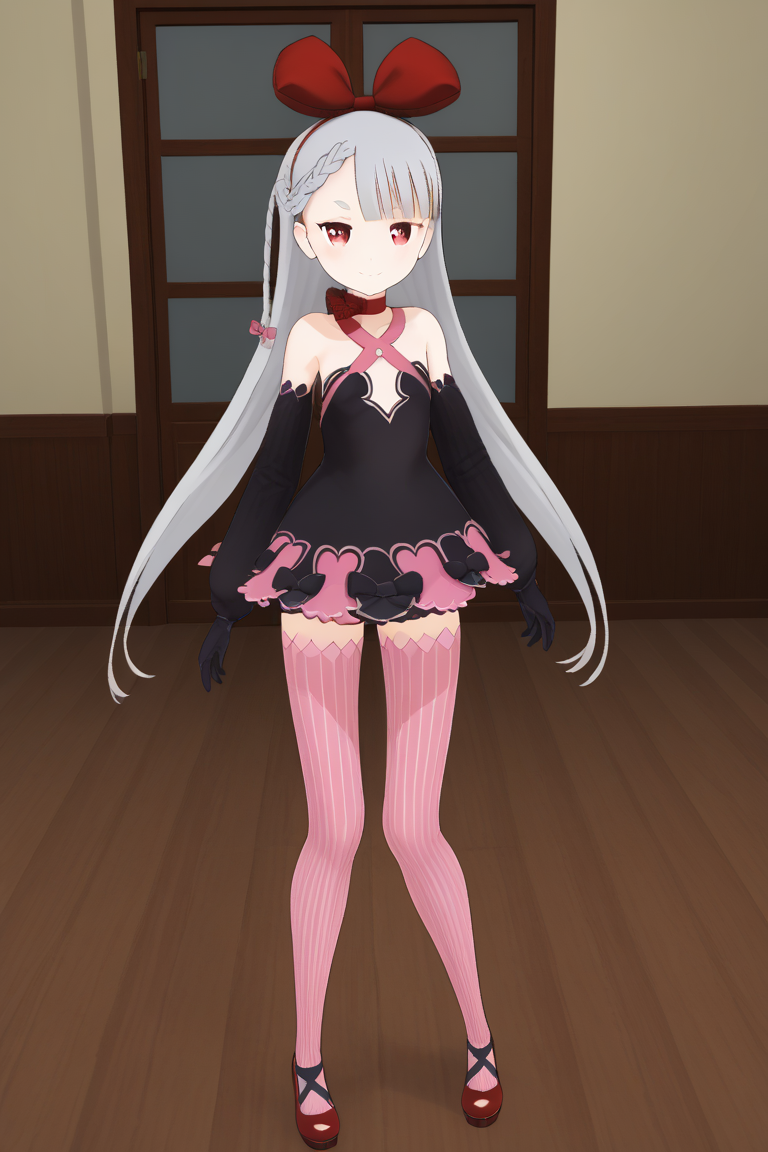 1girl, solo, axiasolidnnd, alternate_colors, grey hair, long hair, red eyes, symbol-shaped pupils, red bow, hair bow, hairband, red choker, black dress, criss-cross halter, detached sleeves, black gloves, pink thighhighs, vertical-striped thighhighs, red shoes, high heels, indoors, hands on hips, half-closed eyes, smile, smug, full body