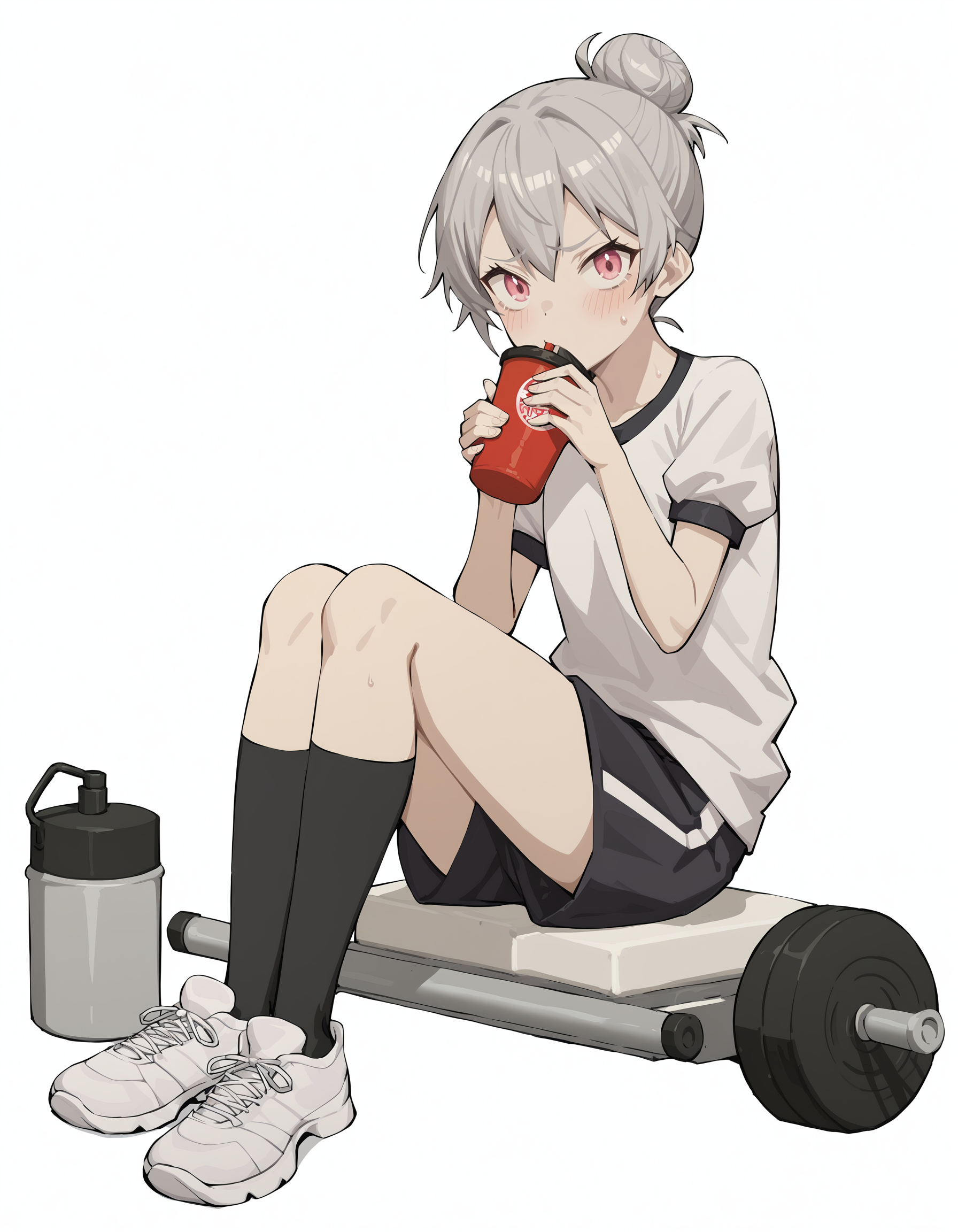 score_9,score_8_up,score_7_up,white background,simple background,looking at viewer,gym_uniform,gym_shorts,full body,
<lora:duominixi_pony:0.7>,duominixi,1girl,solo,grey hair,hair bun,short hair,pink eyes,jewelry,embarrass,thighs,over-kneehighs,flat chest,<lora:Anime_Screencap:1>,anime screencap,drinking,