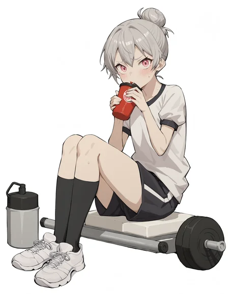score_9,score_8_up,score_7_up,white background,simple background,looking at viewer,gym_uniform,gym_shorts,full body,
<lora:duominixi_pony:0.7>,duominixi,1girl,solo,grey hair,hair bun,short hair,pink eyes,jewelry,embarrass,thighs,over-kneehighs,flat chest,<lora:Anime_Screencap:1>,anime screencap,drinking,