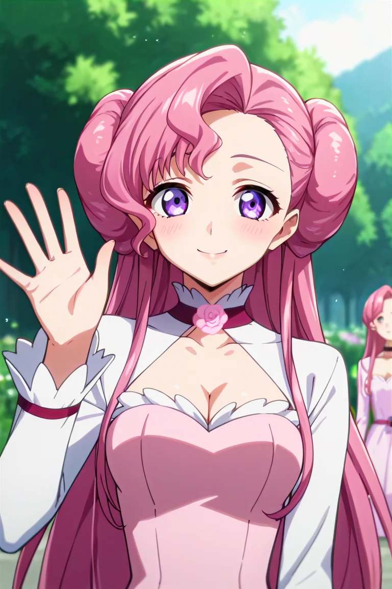 score_9, score_8_up, score_7_up, score_6_up, score_5_up, score_4_up, rating_questionable, , source_anime, digital illustration, pixiv, fanbox, uncensored, , BREAK, official art,
1girl, female, euphemia li britannia, pink hair, long hair, purple eyes, double bun, anime screencap,
pink dress, long sleeves, cleavage cutout, flower, choker, flower choker, waving, upper body, light smile, outdoors, blush, looking at viewer, cowboy shot, colorful, vivid, <lora:Euphemia_li_Britannia_XL:0.8>