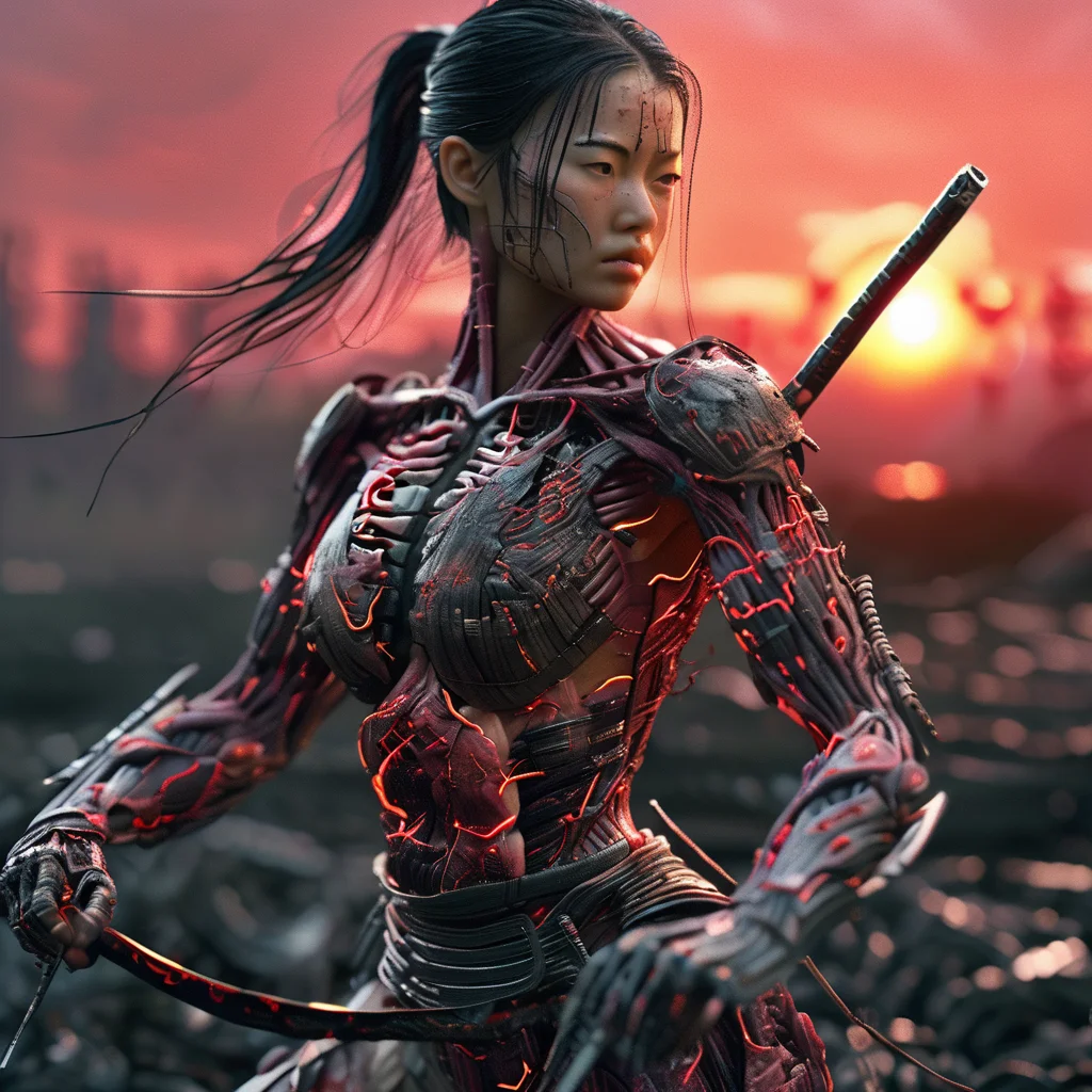 cyberanatomy samurai girl on the battlefield at sunrise, very detailed, photorealistic, dark and expressive, cinematic<lora:cyberanatomy:1>