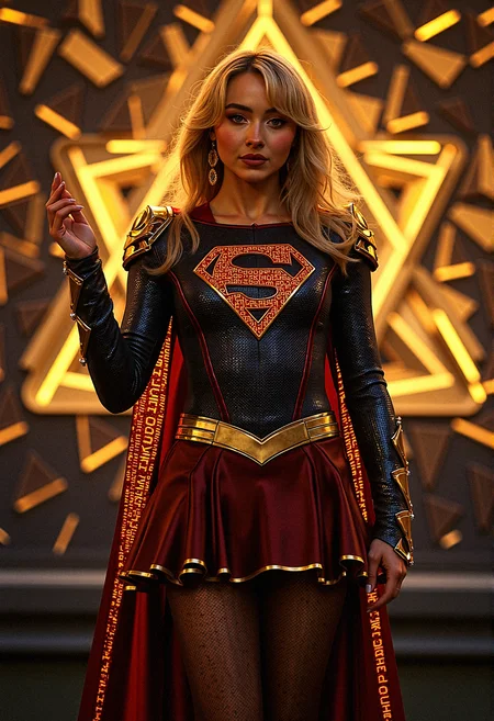 A photorealistic image of supergirl sabcarp based on fictional characters from DC Comics enveloped in a digital nexus, her costume infused with binary code that flickers with energy the backdrop of intersecting geometric shapes that seem to pulse with a golden glow, representing her power over both the digital and physical realms.
geometric armor plating to her shoulders and chest, with sharp, angular designs that mirror the background aesthetics.Integrate glowing binary code patterns into Supergirl's suit, running along the seams and edges, highlighting her connection to the digital realm.
She stands with one hand raised, palm facing outwards as if signaling to calm down, her expression firm but gentle.