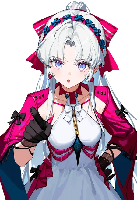 1girl,carlotta_\(wuthering_waves\),gloves,solo,long hair,bow,black gloves,hair bow,blue eyes,pink bow,jewelry,earrings,breasts,ahoge,hand up,ponytail,pink jacket,white bow,parted bangs,white hair,chain,white dress,black bow,two-tone bow,medium breasts,sidelocks,hairband,collarbone,
hand on own hip,pointing,simple background,
(tianliang duohe fangdongye:0.6),(wlop:0.3),(ciloranko:0.4),(kani biimu:0.3),(ningen mame:0.6),
masterpiece,best quality,very aesthetic,highres,absurdres,
<lora:carlotta_NoobVpred10:1>,