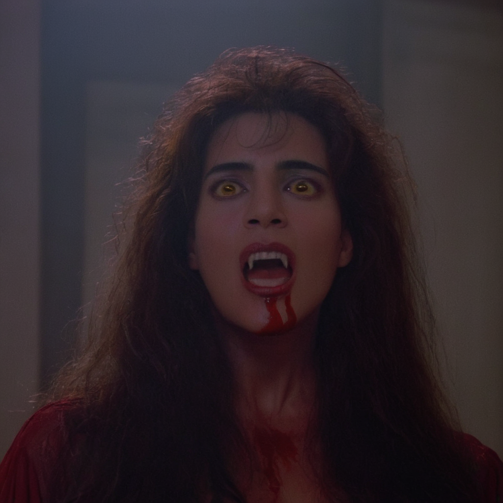 cinematic film still of  <lora:Regine Dandridge:1>
Regine Dandridge, In the 1980's Cinematic Closeup Shot Film Footage captured by Panavision Cameras and Lenses,Julie Carmen as Regine a messy long hair vampire woman with blood on her face and a vampire fangs and yellow eye lenses staring at camera in a room with cool white light above and warm face light on Fright Night 1985 Film Style,solo,open mouth,black hair,1boy,yellow eyes,male focus,teeth,hairclip,blood,portrait,blood on face,Fright Night 1985 style,horror themed,dark themed,sexy,seductive
 <lora:vampire teeth v3:0.5>, shallow depth of field, vignette, highly detailed, high budget, bokeh, cinemascope, moody, epic, gorgeous, film grain, grainy