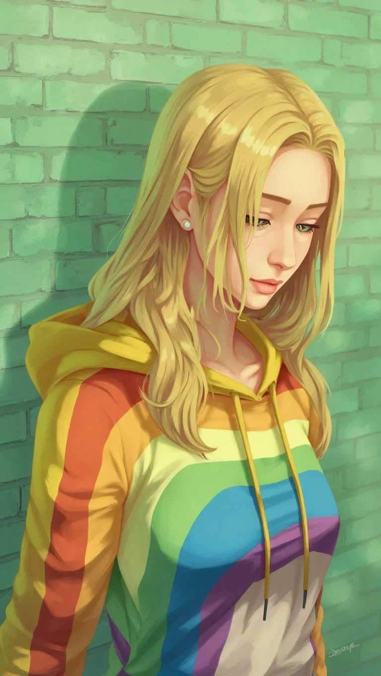 <lora:ck-LttleGhost-000011.safetensors:1> in the style of ck-lttlegh0stA blonde woman stands before a light green brick wall, illuminated by soft natural light. She wears a vibrant rainbow hoodie and has long golden hair, pale skin, and a neutral expression. Her eyes are cast downward, seemingly lost in thought.