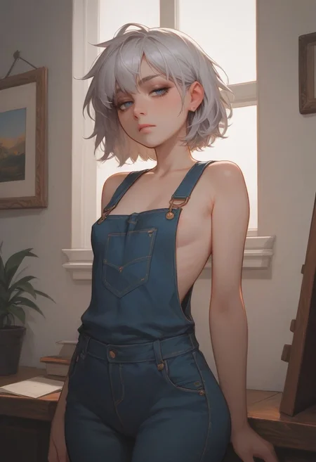 masterpiece, best quality, wallpaper, highly detailed, score_9, score_8_up, score_7_up, score_6_up, source_anime, (score_9, score_8_up, score_7_up), vivid colours, g0thicPXL,
BREAK.
girl: 1 girl, silver hair, short messy hair, small boobs, shoulder length hair short, perfect body, big ass, sexy face,(tired face),dark circle under eyes,((standing in front of a canvas)),painting, with a brush and a palette of colors in her hand, with paint stains on her body and clothes, withe overalls,only use a withe overalls, small breasts,thick thighs, big ass
BREAK.
motion lines,, inside the house, a withe cozy room, warm light
