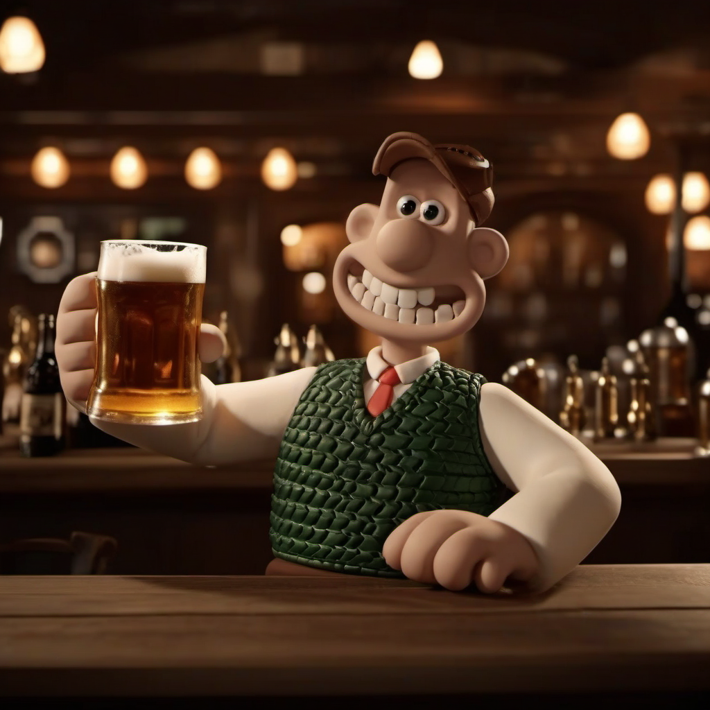 cinematic photo 1boy, vest,  teeth, having a beer in pub <lora:WallaceGromit1024:0.8> . 35mm photograph, film, bokeh, professional, 4k, highly detailed