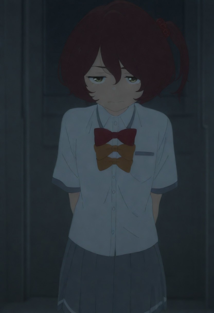 masterpiece, best quality, amazing quality,,, shiny skin,,,,,,anime coloring,anime screencap, ,, official art,,,,, <lora:Komari_Illustrious:0.9> komari_chika, yellow_eyes, brown_hair, short_hair, one_side_up,, school_uniform, white_shirt, collared_shirt, bow, pleated_skirt, grey_skirt, short_sleeves,