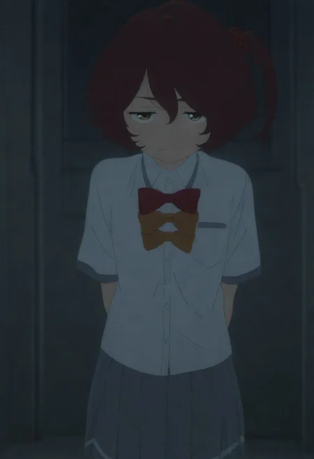 masterpiece, best quality, amazing quality,,, shiny skin,,,,,,anime coloring,anime screencap, ,, official art,,,,, <lora:Komari_Illustrious:0.9> komari_chika, yellow_eyes, brown_hair, short_hair, one_side_up,, school_uniform, white_shirt, collared_shirt, bow, pleated_skirt, grey_skirt, short_sleeves,