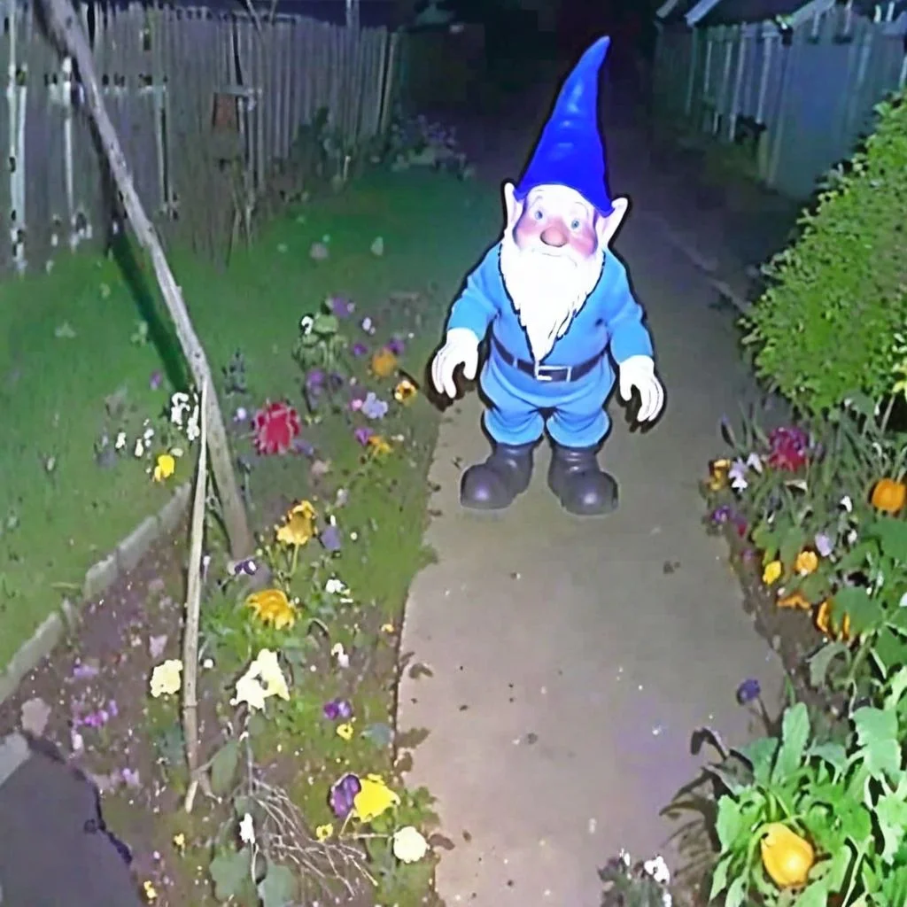 A creepy garden gnome CCTV Style <lora:SDXL-CCTV-Style-Lora:0.9>