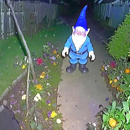 A creepy garden gnome CCTV Style <lora:SDXL-CCTV-Style-Lora:0.9>