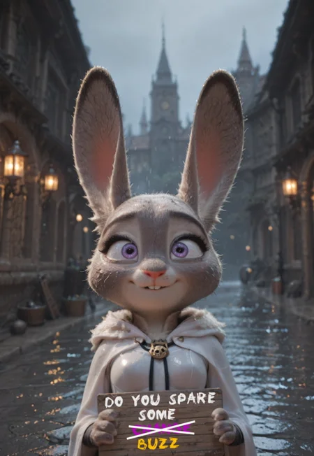 (score_9, score_8_up, score_8), masterpiece, best quality, vibrant colors, colorful,  extremely detailed, detailed, hyper-realistic, anatomically correct, realistic, hyper-realistic, very aesthetic, realistic fur detail, light interplay on fur, volumetric lighting, depth of field, newest, scenery, Zootopia_Artstyle, Expressiveh, G0thicL1nes, ((upper body shot, hold sign, holding sign)), wink, bright background, blurred background, bright castle, rain, mystical aura, soft ethereal glow, medieval architecture, warm atmosphere, close view, godrays in the upper middle side, seduce
BREAK
dynamic pose, closed mouth, bedroom eyes, furry focus, white robe, gothic cute robe, 
BREAK
tilted head, (solo, 1girl), hoppsJudyztIL, anthro, female, bunny, grey fur, purple eyes, rabbit ears, rabbit tail, rabbit girl, buck teeth, antro, plump, wide hips, small breast, fluffy fur, fluffy chest, small head, anatomically correct, detailed eyes, plump, wide hips, digitigrade, extremely detailed face,