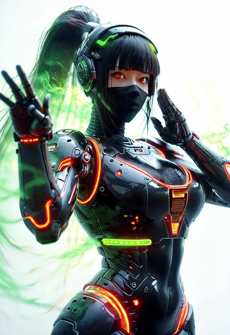 score_9, score_8_up, white background, looking at viewer,
1girl, robot girl, mechanical girl, translucent skin, black body, beautiful smooth skin, chromic light, black hair, long hair, android girl, human looking android, head mounted display, head visor, transparent visor,
large breasts, curvy, cowboy shot, beautiful eyes, black headband, green head accessories, random pose, blunt bangs, hime-cut, black carbon fiber, korean facial features, neon lights, ponytail, red eyes, ninja mask, sidelocks, face mask, female robot ninja,
auralora, green aura, colorful, glowing, IrradiateMorph