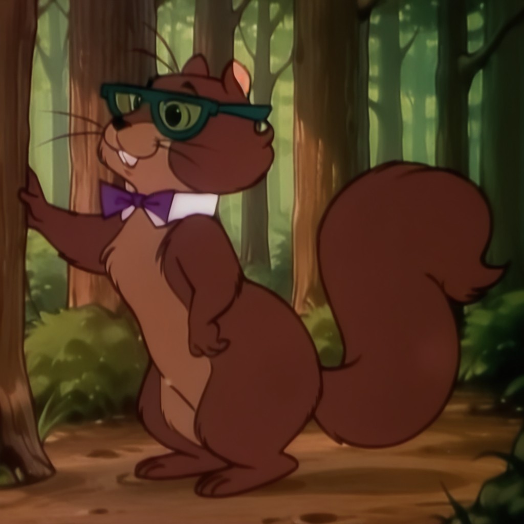 masterpiece, best quality, amazing quality, dadsqrrlil, semi-anthro, male, squirrel_boy, brown fur, black eyes, green glasses, white collar, purple bowtie, standing, in forest,, <lora:4f521b4a-ed21-492e-af20-9eb77c8c0b95:1.0>