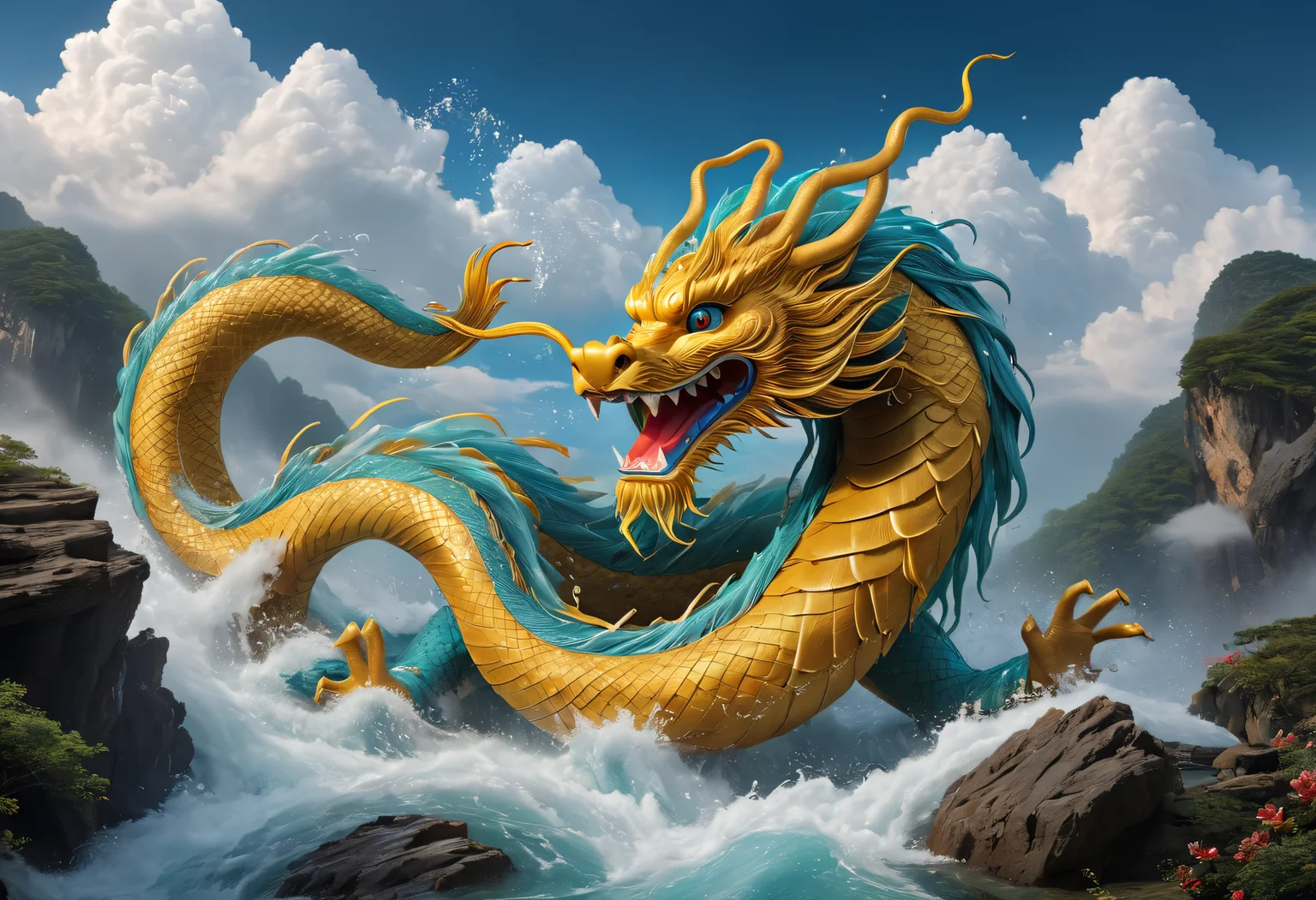 (masterpiece:1.2, best quality:1.2), 8K, hd, high and intricate details, BREAK
beautiful and benevolent Chinese elemental dragon, made of water, long serpent body, wingless, sinde a deep cave, clouds, BREAK
((high and intricate detailed background)), ((happy, joyful, cheerful)) <lora:add-detail-xl:1>