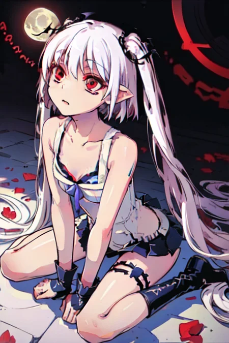 (wariza:1.3), ((((white hair)))), bat hairband, pointy ears, very long hair, twintails, (red eyes:1.3), white hair, night, full moon, (hyper long hair:1.3), shiny skin, thin body, (small breasts:1.2), ((masterpiece)), ((best quality)), (ultra-detailed), ((disheveled hair)), (beautiful detailed eyes:1.4),