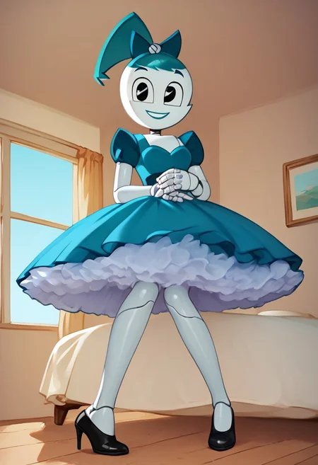 (Masterpiece, best quality:1.2), score_9, score_8_up, flat color, flat shading, soft shading, lighting, Jenny Wakeman as an adult, in a 1950's full length formal blue skirt, a white belt, button down v-neck formal black top, a fluffy frilly ruffled full white petticoat, and black high heels, dress, layered petticoat, frilly petticoat, fluffy petticoat, full petticoat, detailed petticoat ((wide skirt, detailed outfit, flowing skirt, long skirt, solid blue colored skirt, black high heels)), blue hair, series accurate, cute, best high quality, high res, robot, humanoid robot, medium breasts, whole body shot, 1girl, ((solo, inside, in a romantic bedroom, sitting on the bed, sitting, bent knees, looking at you, low angle)), cute, seductive, seductive smile, half lidded eyes, low angle shot, cartoon, cartoon style, vector, solo, circle dress, 1950s, whisperfoot_style, dance dress jenny, jenny wakeman, 1girl, solo, robot joints, black eyes, white skin, ponytail, hair bow, blue rose chest corsage, poofy dress, blue hair, flat lighting