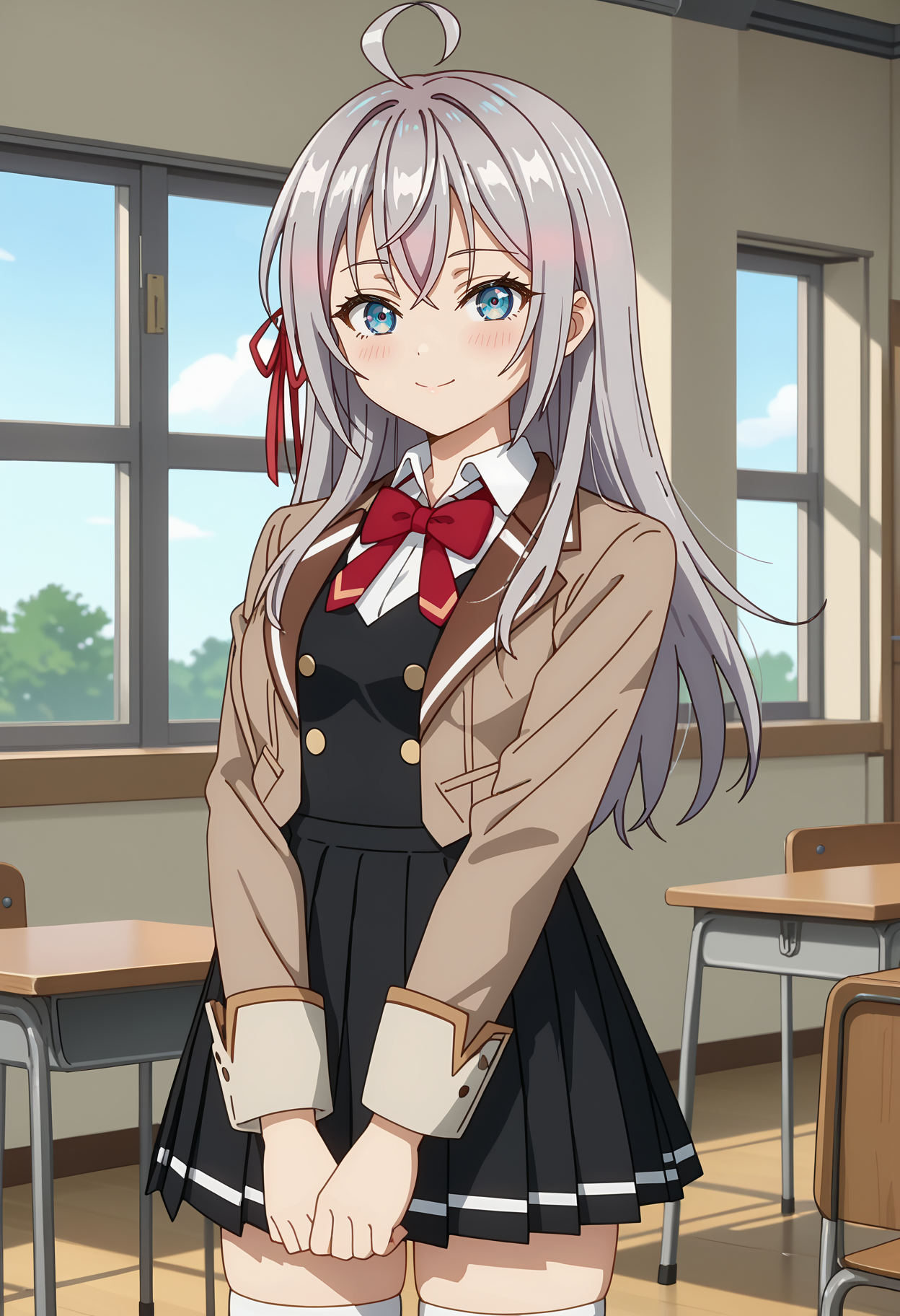 score_7_up, anime screencap, anime coloring,
<lora:Roshidere_KujouAlyaMikhailovnaXL:0.9>,
1girl, closed mouth, light smile, light blush,
long hair, grey hair, ahoge, crossed bangs, blue eyes, hair ribbon, red ribbon,
AlyaSchool, cropped jacket, open jacket, brown jacket, red bowtie, white shirt, black vest, buttons, long sleeves, pleated skirt, black skirt, white thighhighs,
thigh gap, v arms, standing, looking at viewer, cowboy shot,
classroom, blurry background, indoors