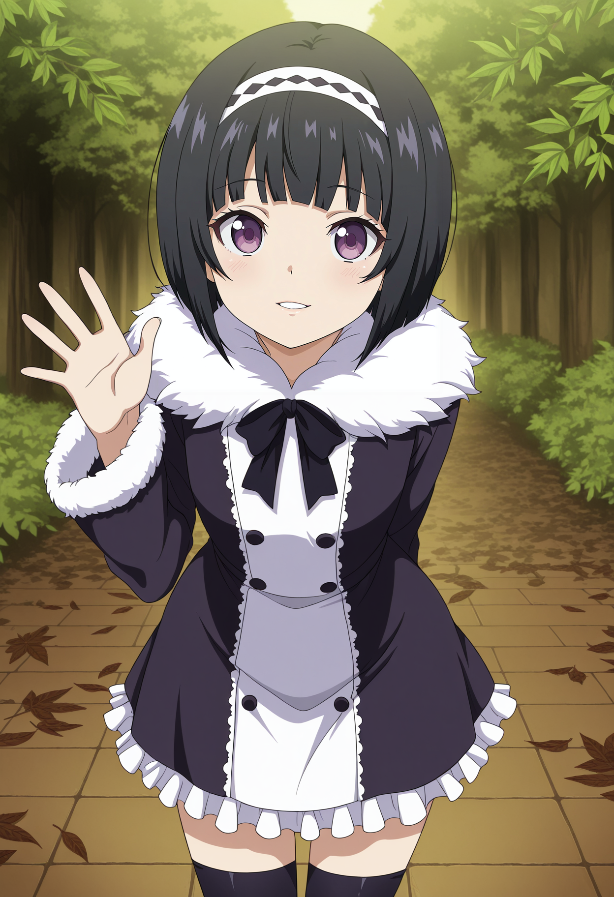1girl,solo,mm,short hair,black hair,bangs,hairband,purple eyes,anime coloring,
fur trim,dress,thighhighs,frills,cowboy shot, waving,arm behind back,leaning forward, looking at viewer, smile,parted lips, light blush, outdoors,leaf
,masterpiece,best quality,amazing quality,<lora:PhilippiteNoire-Ulysses_Jeanne_dArc_and_the_Alchemist_Knight:0.8>