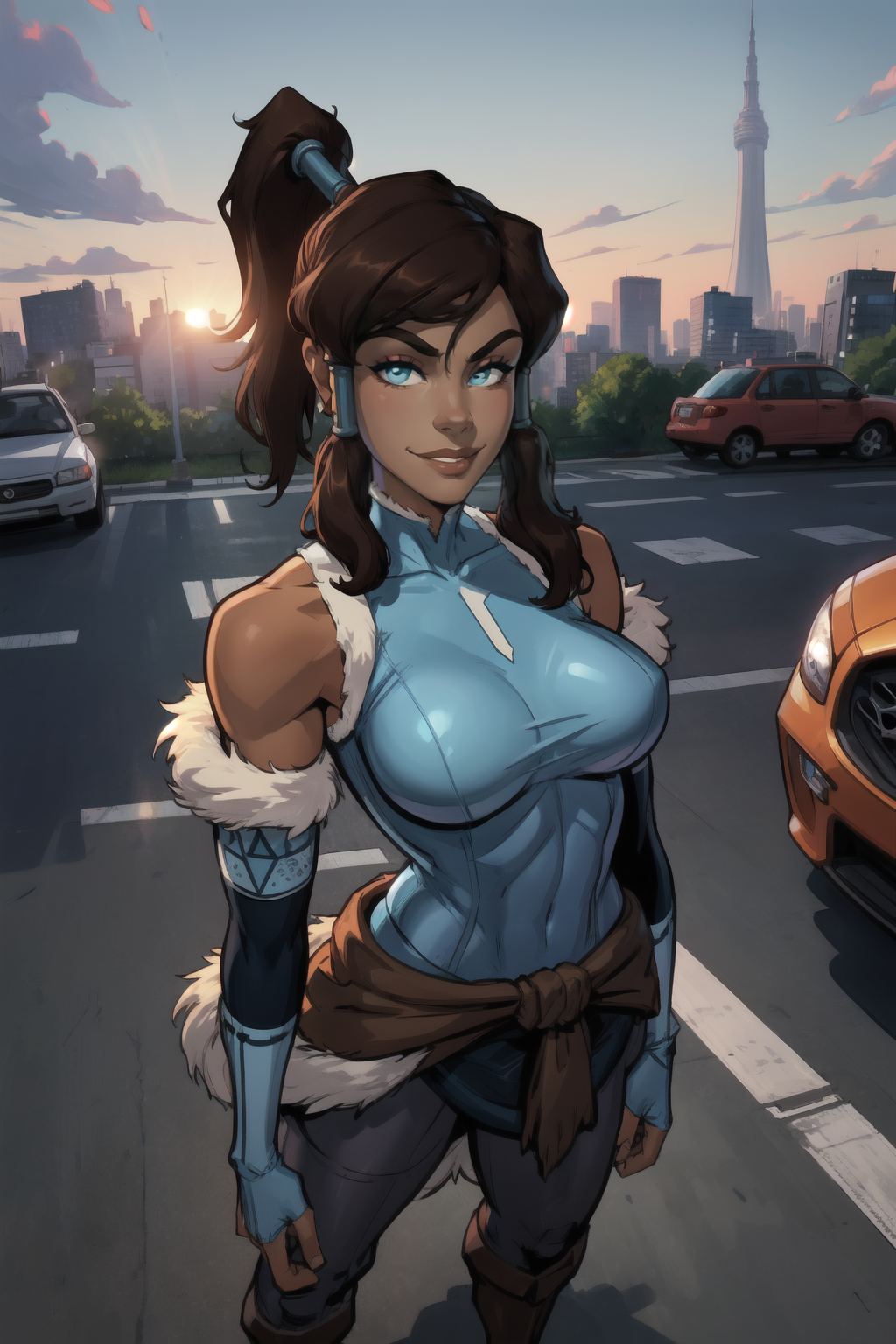 1girl, (solo:1.2), curvy, (masterpiece:1.2), (best quality:1.2), (perfect anatomy:1.4), (standing proud:1.4), (confident:1.2), smile
<lora:Reiq [MockAi - v1.0]:0.8> reiq, (large breasts:1.2), (cowboy shot:1.2), (city center:1.3), (tokyo:1.2), highrise buildings, daylight, on the street, cars,, <lora:Korra [Konan - v2.0]:0.8> korra, long hair, (brown hair:1.2), black hair, blue eyes, ponytail, dark skin, dark-skinned female, topknot, (hair tubes:1.4), fur-trimmed jacket around waist, (blue halterneck top:1.3), armlet, vambraces, (bare shoulders:1.3), (arm_warmers:1.3), sleeveless