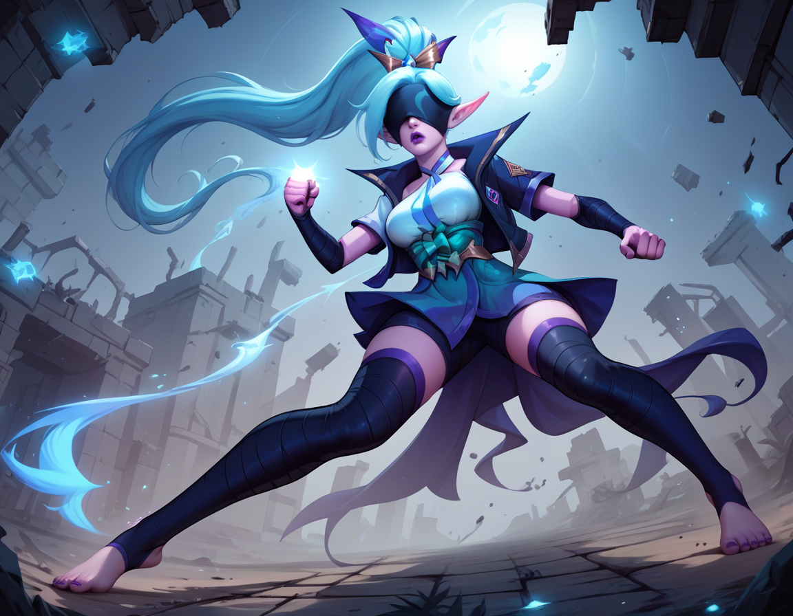 score_9, score_8_up, score_7_up,score_6_up, score_5_up, score_4_up ,1girl, solo, 
large breasts, 
SBVayneDG,
sbvayneDG,
long hair, elf, purple lips,  blue hair, hair ornament, ponytail, 
toeless legwear,covered eyes,  thighhighs, open jacket, short sleeves, elbow gloves, 
battle, fighting stance,  clenched hands, barefoot, 
glowing, light particles, night, 
from below, 
ruins, 
 <lora:SB Vayne PonyXL:1>
