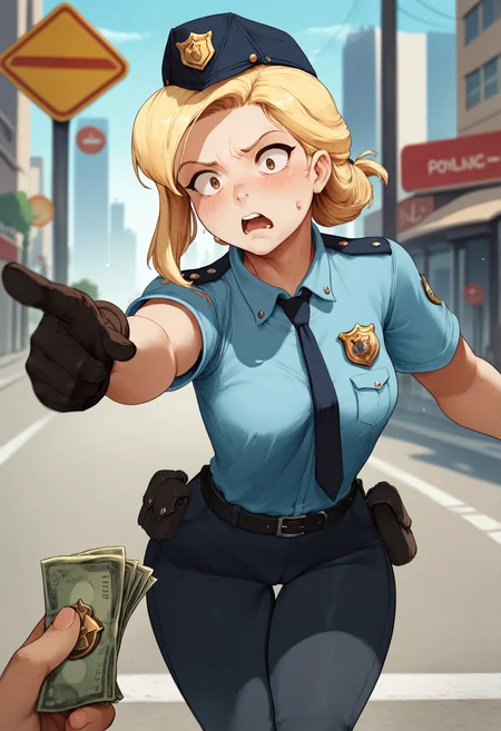 score_9, score_8_up, score_7_up, <lora:csr_pd_unet_t2:1.0>, pov hands, pov, holding money, 1girl, policewoman, blonde hair, half updo, brown eyes, outstretched arm, pointing away, road sign, street, day, cityscape, blurred background, detailed background, depth of field, leaning forward, blue shirt, black pants, blush, constricted pupils, frown, open mouth, yelling, sweatdrops, collared shirt, female service cap, gloves, belt, badge, necktie, medium breasts, cameltoe, medium hair, wide hips, thick thighs, pointing back, looking at viewer, looking down, contrapposto, twisted torso,
