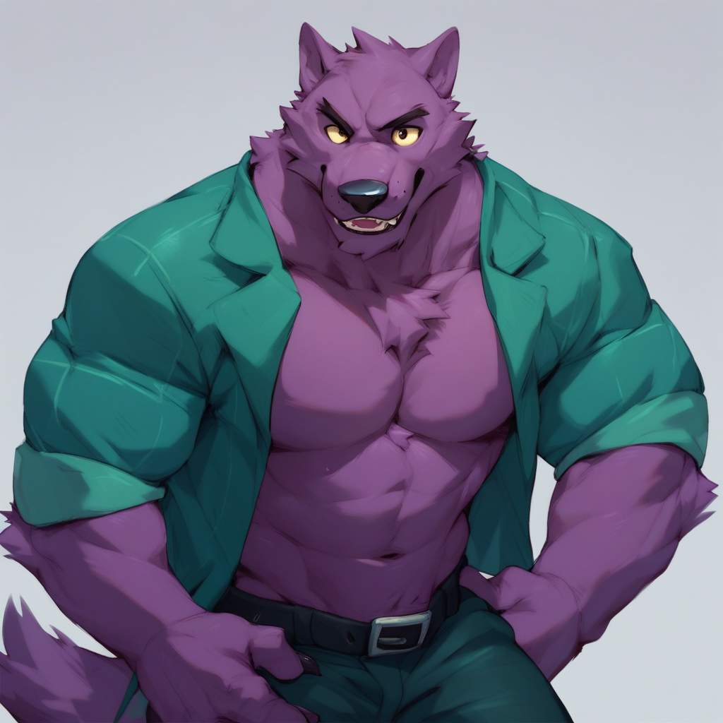 score_9, score_8_up, score_7_up, Bernard, wolf, purple fur, furry, furry male, open shirt, pants, belt