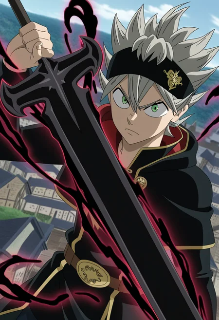 anime coloring, 1boy, asta \(black clover\), black clover, upper body, looking at viewer, holding greatsword, pitch black sword, dark magic, black magic, swirling magic, particle effects, village, dynamic angle, dramatic lighting, highres, anime screenshot, perspective