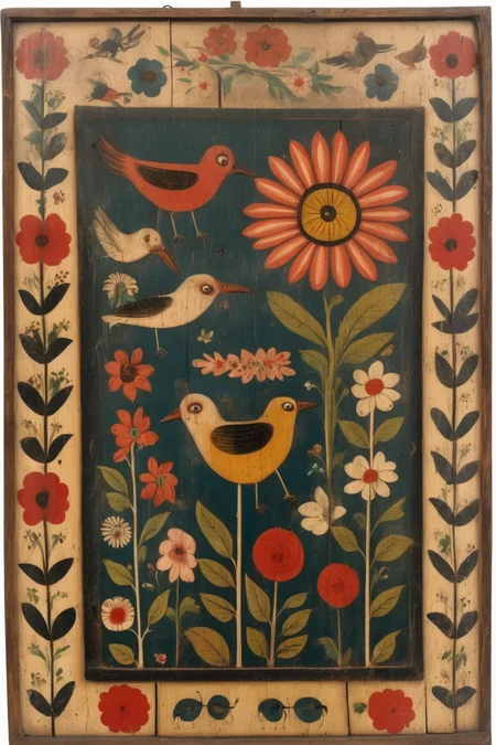 <lora:Folk Art:1>Folk Art - Folk art sign with flowers, birds and insects, Made of wood. Middle third of image to be uncluttered and wood effect only