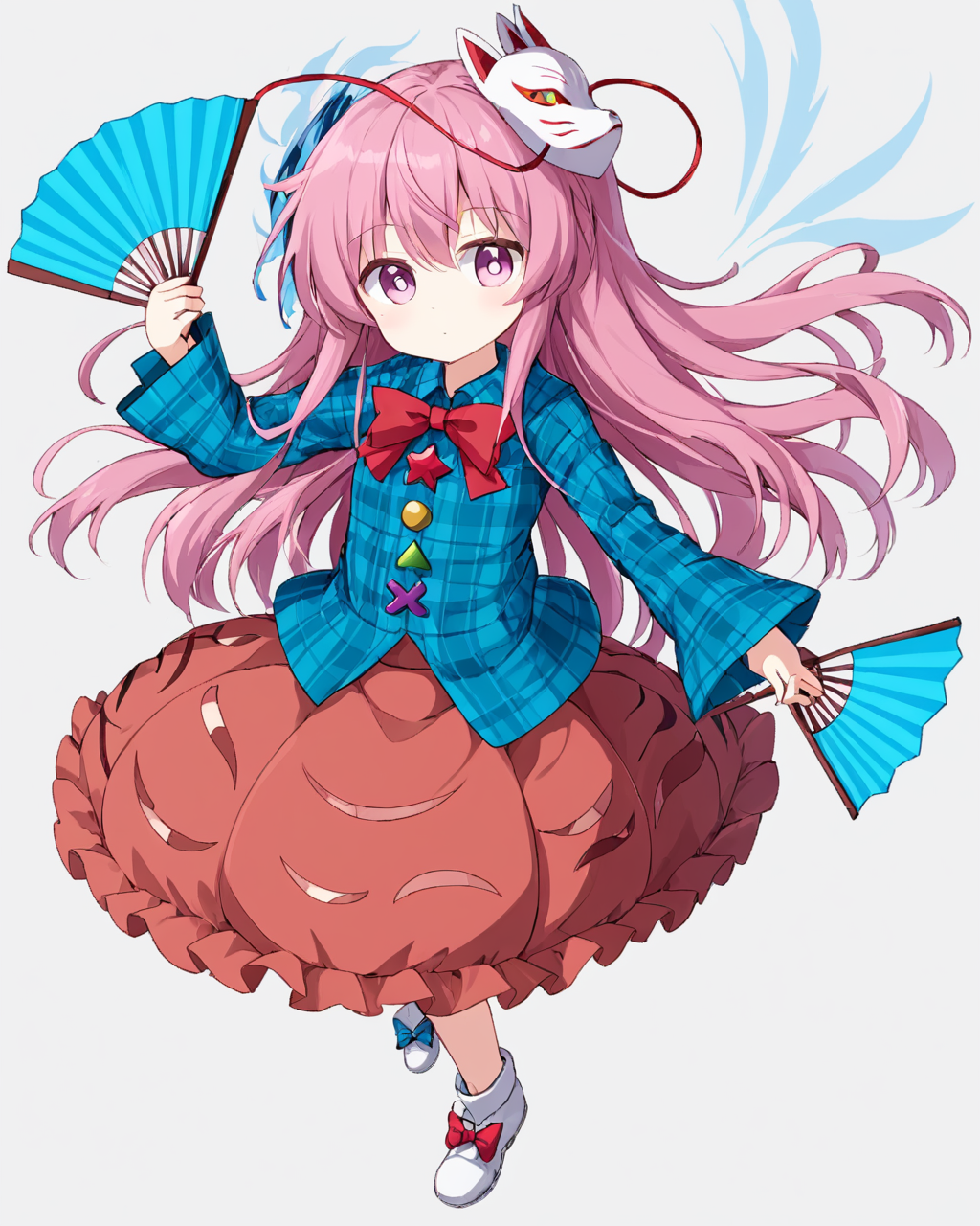 hata no kokoro,1girl, solo, bubble_skirt, long_sleeves, plaid_shirt, looking_at_viewer, expressionless, folding_fan, blue_shirt, full_body, white_footwear, pink_bowtie, footwear_bow, white_background, red_bow, holding_fan, closed_mouth, fox_mask, mask_on_head, dual_wielding
<lora:hata_no_kokoro_image5070_2023-12-20:1>,star-shaped_pupils,symbol-shaped_pupils,. gorgeous,key visual, vibrant, studio anime,award-winning, professional, highly detailed,high budget, cinemascope