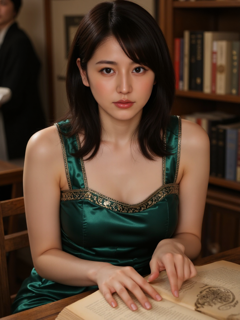 There are wonderful studio lights and various reflections,
18yo beautiful cute girl with blushing and female orgasm.skin naturally showing the texture of blood vessels and detailed pale skin,
--,
<lora:Masami_Nagasawa_f1:0.9>,she is Masami Nagasawa, Appearance: A girl with an air of sophistication, her eyes deep and enigmatic. Her skin is flawless and radiant, with a natural glow that seems to emanate from within. Her dark hair is styled in loose waves that frame her face.Emotion: Her expression is calm and composed, yet there is a hint of mischief in her eyes.Action: She sits at an old wooden table in the library, her fingers delicately turning the pages of an ancient book. She occasionally glances up, her gaze sweeping over the room with a sense of quiet authority.Clothing: She wears a sleek, form-fitting dress made of reflective, deep emerald green fabric that clings to her curves and accentuates her breasts with a subtle cleavage. The dress is adorned with intricate, metallic embroidery that catches the light, adding a touch of opulence.Scene: The library is filled with towering bookshelves and soft, ambient lighting. The contrast between her vibrant dress and the muted tones of the library creates a striking focal point.Lighting and Style: Soft, warm light from the library lamps bathes her in a gentle glow, highlighting the reflective fabric of her dress. The scene is captured in a realistic style, with intricate details of the bookshelves and her luxurious attire.