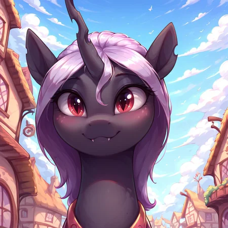 masterpiece, score_9, score_8_up, score_7_up, (best quality:1.1), ultra-detailed, high resolution, solo, Queen Gytha, changeling, feral, female, (((beautiful detailed red eyes))), holey hoofs, ragged ears, crooked horn, black skin, pink freckles, very light purple membrane hair, very light purple membrane tail, insect wings, highly detailed macro illustration, smiling, blushing, mlp, outside, Highly Visible, (((8k))), sharp focus, perfect lighting, anatomically correct, extremely detailed, shine on body, (Pony town), high detail, cute face, Expressiveh, detailed background, OverallDetail, zPDXL2,