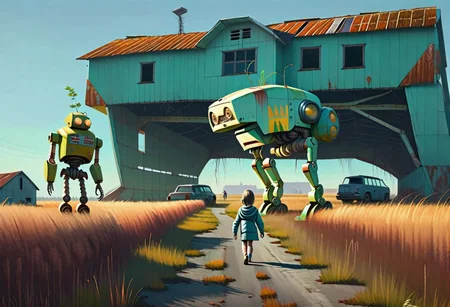 (((ultra high quality photo:1.8))) "vast overgrown field, extremely huge decrepit android, , aged and neglected appearance, advanced technology remnants, natural overgrowth, contrast between nature and forgotten futuristic elements" a rusted car next to the robot, barn in the distance, (((new robot)) walking with a child (holding hands) Simon Stlenhag Style, photo in phst artstyle, film photography style, light grain,