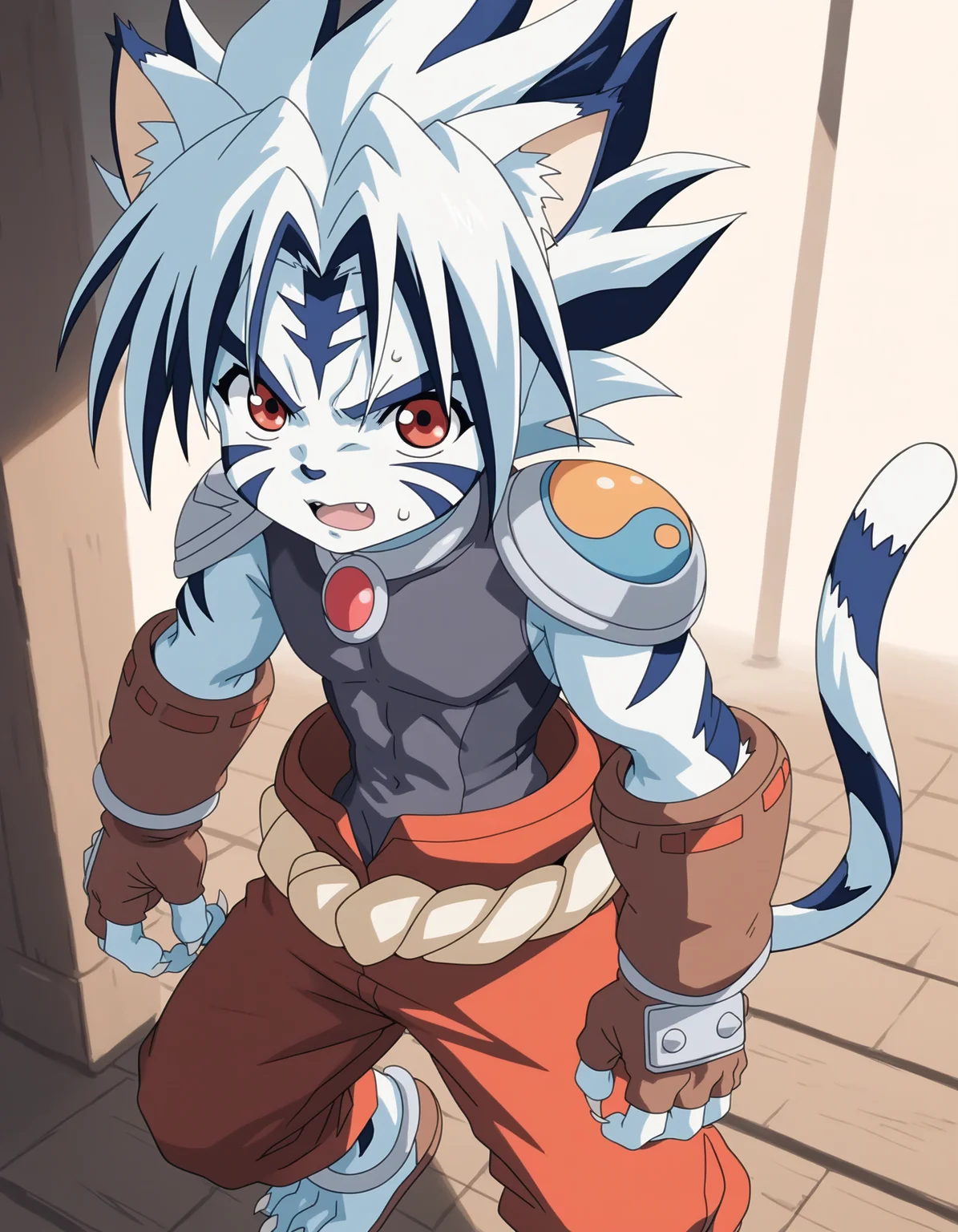 score_9, score_8_up, score_7_up, source_furry,
BREAK
young,kogenta \(onmyou taisenki\), 1boy, animal ears, cat ears, tail, furry male, red eyes, white hair, facial mark, spiked hair, colored skin, fang,multicolored hair, white_skin,
claws, fingerless gloves, armor, tail ornament, shoulder armor, pants, rope, jewelry,anklet,
crossed arms,
BREAK
<lora:kogenta_pony_v3:1>