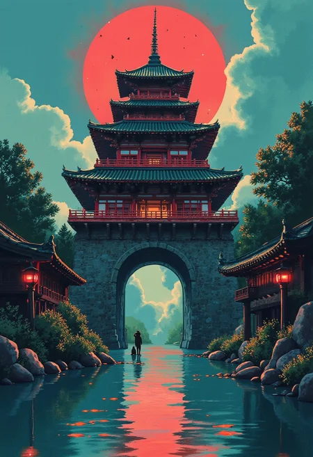 Vector art, uhd, 8k, 4k, epic, dramatic, 4k quality, (Perfect hand:1.4), (masterpiece), (superhero), detailed, ghiblistyle, Perfect hand
Rendered in a style redolent of Impressionism, the painting utilizes a vibrant.
A japanese tori gate with A beautiful japanese castle with a reflective pond infront. 
Dim lighting, sharp detail, cinematic lighting