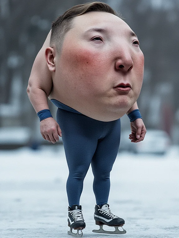 1nfl4t3d_h34d. **Techno-faschist** as a fat ice skater with a massive head and a big belly. **Techno-faschist** is wearing a tight lycra body suit, and his head is sweating profusely.