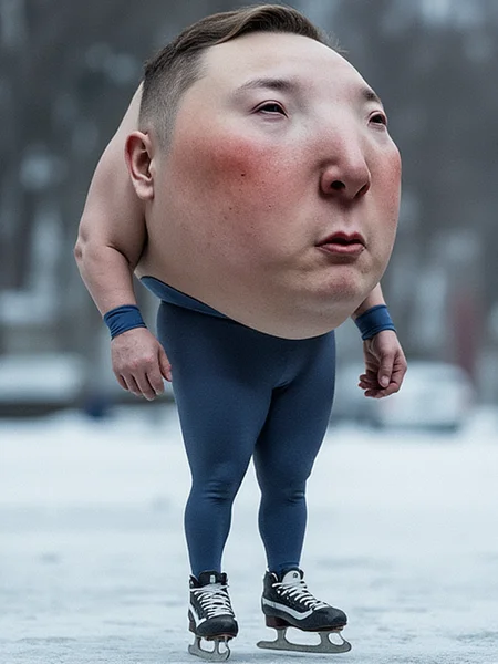 1nfl4t3d_h34d. **Techno-faschist** as a fat ice skater with a massive head and a big belly. **Techno-faschist** is wearing a tight lycra body suit, and his head is sweating profusely.