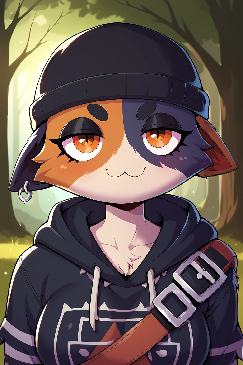 score_9, score_8_up, score_7_up, score_6_up, BREAK, MeowSkullsFPXL, nthro furry, furry female, body fur, blue-orange-white fur, multicolored fur, orange eyes, animal ears, cat ears, fish hook piercing, black beanie, medium breasts, cat tail, black hoodie, printed hoodie, striped sleeves, solo, front view, (portrait, upper body), solo focus, seductive smile, looking at viewer, forest, tree <lora:MeowSkullsFPXL:1>