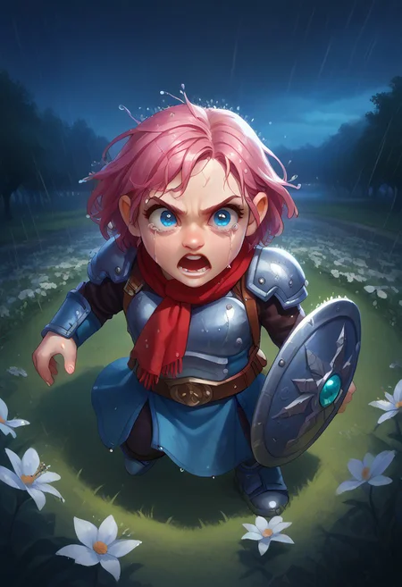score_9, score_8_up, score_7_up, score_6_up, score_5_up, score_4_up, 1girl, Gnome, short stature, big eyes and ears, pink hair, fauxhawk, blue eyes, outdoors, night, dark, night sky, ((rain)), wet, wet clothes, wet hair, cloudy, detailed, beautiful, tears in eyes, cute eyes, open mouth, warrior armor, shield, fantasy armor, green jewel on breastplate, red scarf flapping in wind, large brown backpack, 4fingers, glade, flowers, trees, standing on grass, angry, menacing, fight, from above, high angle, heroic,