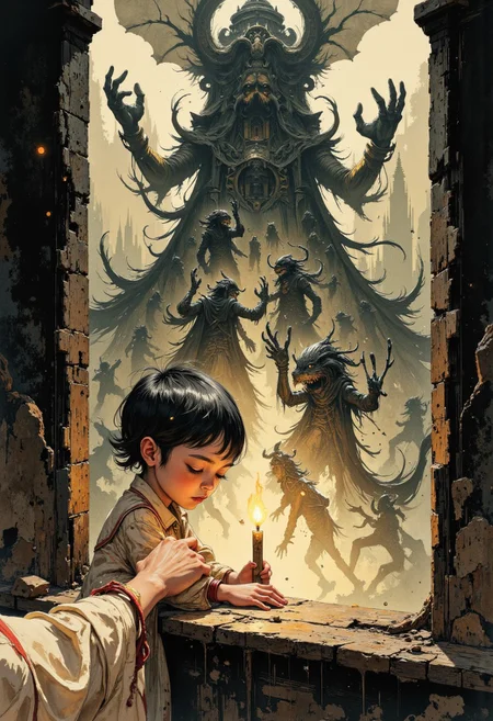 Create a beautifully detailed drawing capturing a fantastical world infused with nostalgia and shadowy intrigue. The style features clean, confident outlines with soft watercolor washes, balancing warmth and accessibility with intricate detail. The palette contrasts muted tones—warm ochres, soft reds, creamy whites—with stark, inky blacks, creating a dramatic interplay of light and shadow that evokes both innocence and mystery. The atmosphere blends vintage children’s book charm with an eerie undertone, as if balanced between reality and a shadowy dreamscape.
Characters should have naturalistic proportions and subtle expressiveness, their features gently exaggerated to reflect curiosity, resilience, or vulnerability. Dynamic shadow puppet figures may emerge in the background, their silhouettes adding to the narrative and reinforcing the duality of light and shadow. The focus will be on a specific subject—A tight close-up focuses on Henry’s trembling hand as he holds a flickering candle, the shadows it casts growing into colossal puppet figures on the walls of a crumbling tower. The figures clash and morph into a battle scene, their sharp movements mimicking the chaotic tremble of the flame—carefully integrated into the scene. The composition is grounded yet surreal, seamlessly merging whimsical simplicity with haunting, thought-provoking detail to invite wonder and introspection.