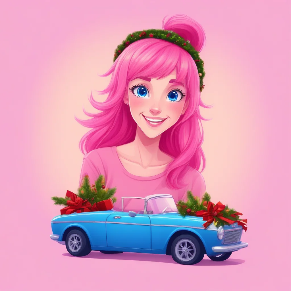 blue background, potted plant, christmas, motor vehicle, pink hair