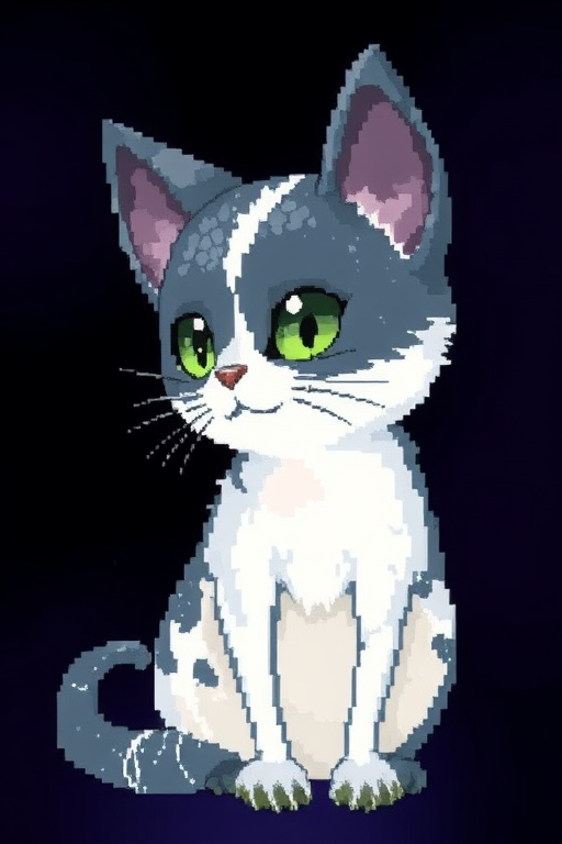 A pixel art of a cute random pet. solo, dramatic beauty, otherworldly quality, soft lighting, shallow depth of field, high detail, dynamic composition, cinematic shot, film grain, balanced shadows, harmonic colors, emotional depth, symbolic meaning, innovative props/costumes, timeless elegance, modern themes, iconic imagery, unforgettable moment, captivating beauty, stunning impact, thought-provoking, artistic vision, masterful execution.
Pixel art style, 16bits pixel art style, videogame pixel art style, clear drawn in big pixels very well aligned, rich showcase, award-winning craftsmanship. UHD resolution enhances the dynamic, impactful pose for a striking, lifelike result. Studio Ghibli Dark Fairytale