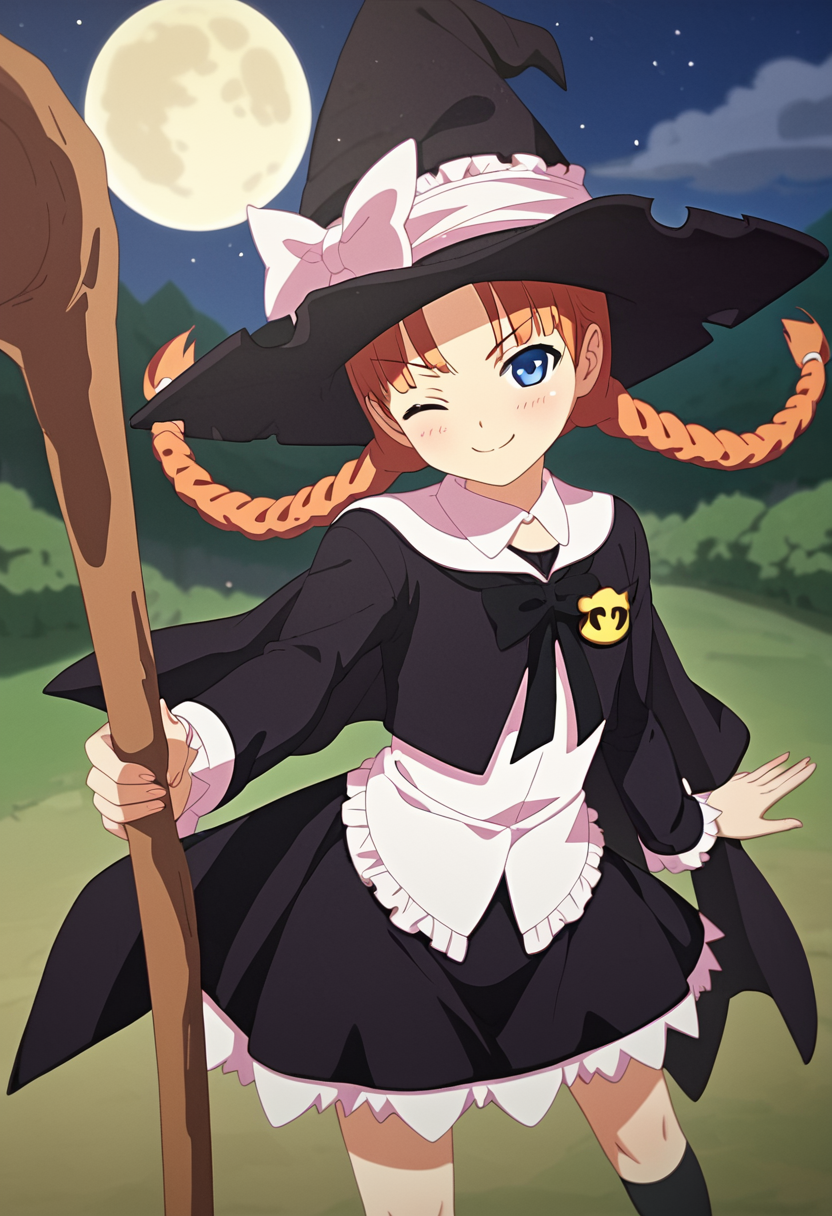 score_9, score_8_up, score_7_up, BREAK source_anime, rating_explicit, best quality, masterpiece, uncensored,  <lora:priscilla_blade:1.2> priscilla_blade, 1girl, hat, witch hat, black headwear, long sleeves, dress, bow, hat bow, frills, bangs,black ribbon on chest, skirt, capelet, witch, black socks,standing, night, moon, holding wooden staff, one eye closed, smug, cowboy shot