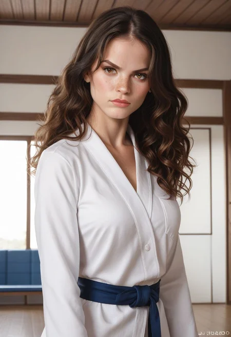 score_9, score_8_up, score_7_up, score_7, score_6_up, solo, 1dk, face focus, detailed face, beautiful face,
raw, realistic, d3t41l3d,
1girl, 28-year-old, athletic, long hair, wavy hair, dark brown hair, hazel eyes, light freckles, freckles, small beauty mark, beauty mark
judo uniform, judo belt,
indoors, fighting stance, dojo, dougi,
confident, serious, ready,