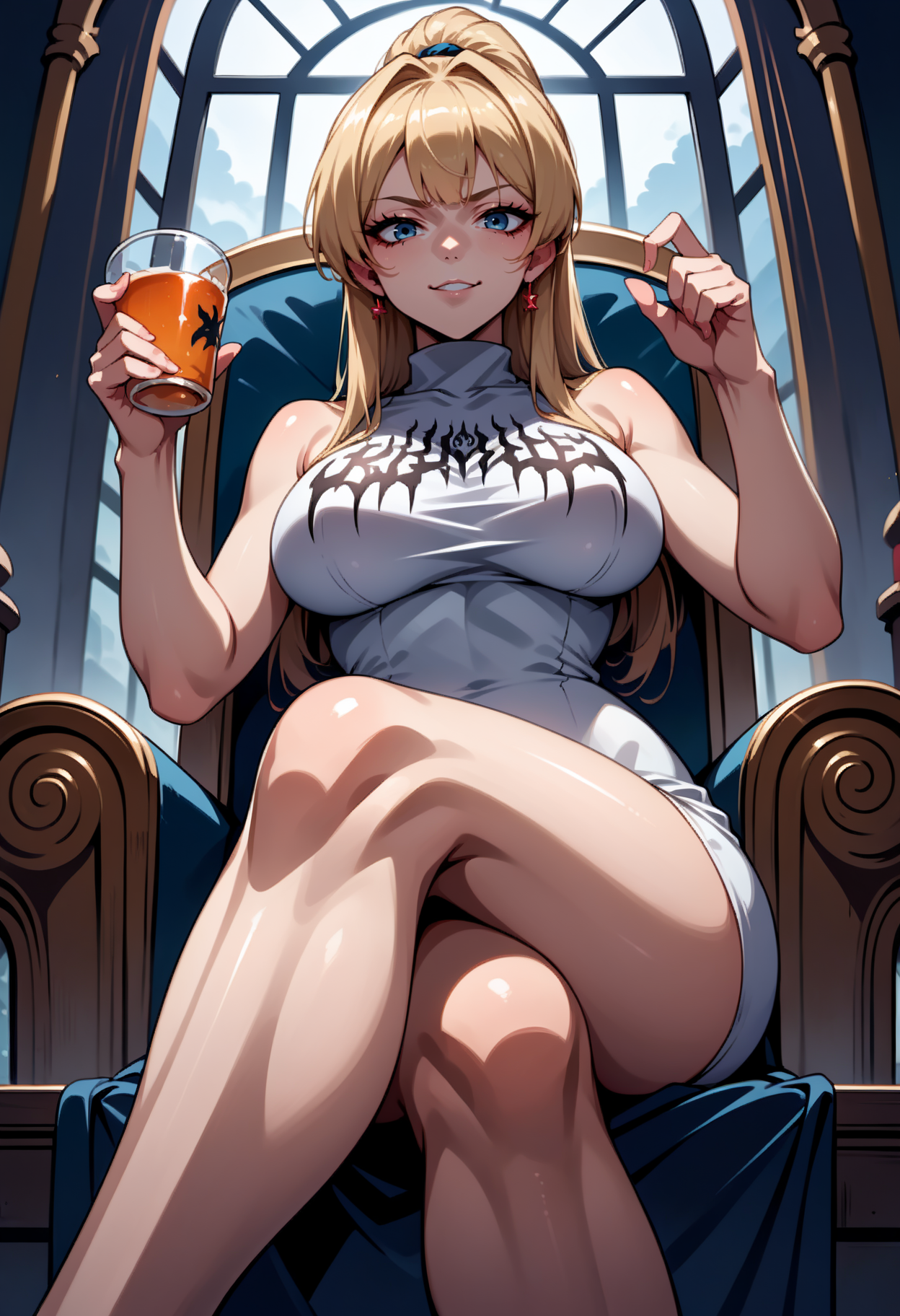 score_9, score_8_up,score_7_up, source_anime, rating_safe, 1girl, solo, <lora:EPblackmetalprint:1>, EPblackmetalprint, wearing EPblackmetalprint, white dress, sleeveless turtleneck, 1girl, blonde hair, high ponytail, large breasts,skindentation,sitting on throne,from below,holding beverage,curvy,crossed legs,smirk