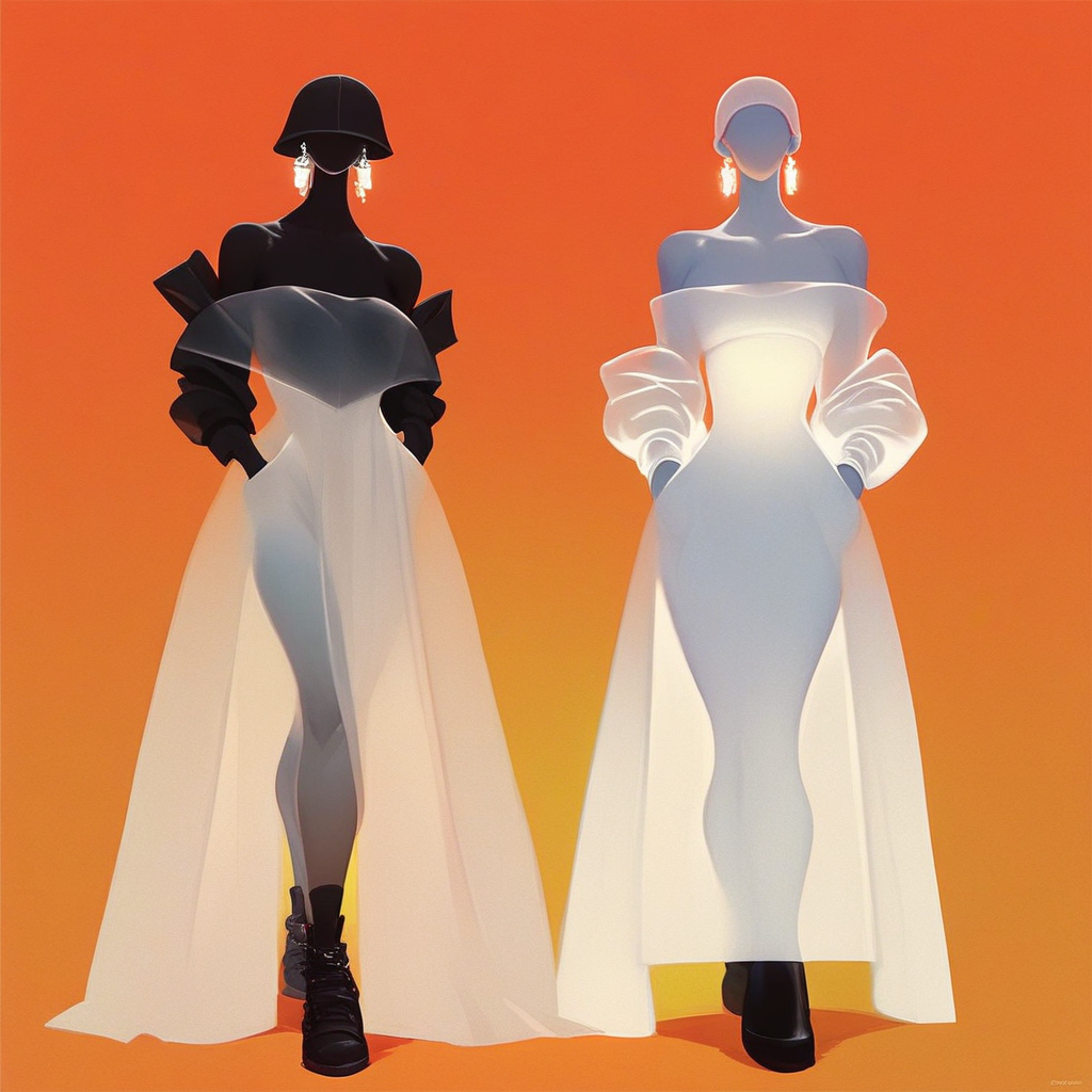 aaAR7fl,score_9,score_8_up,score_7_up,best aesthetic, intriguing details,zara fashion campaign, haute couture,2girls, solo focus, black footwear, hands in pockets, white translucent dress, off shoulders, glowing earrings, colored skin, see-through, gradient background, cloche hat,
