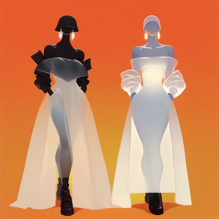 aaAR7fl,score_9,score_8_up,score_7_up,best aesthetic, intriguing details,zara fashion campaign, haute couture,2girls, solo focus, black footwear, hands in pockets, white translucent dress, off shoulders, glowing earrings, colored skin, see-through, gradient background, cloche hat,